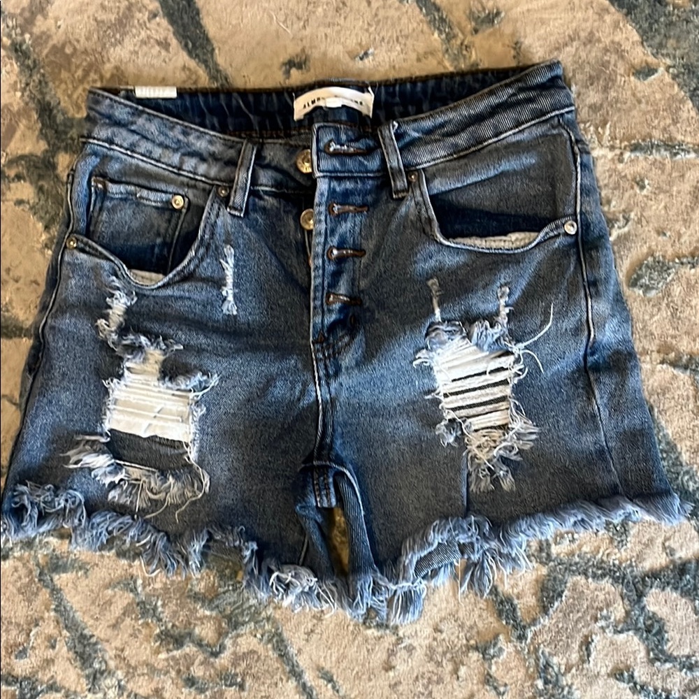 Blue Distressed Jean Shorts with Frayed Hem